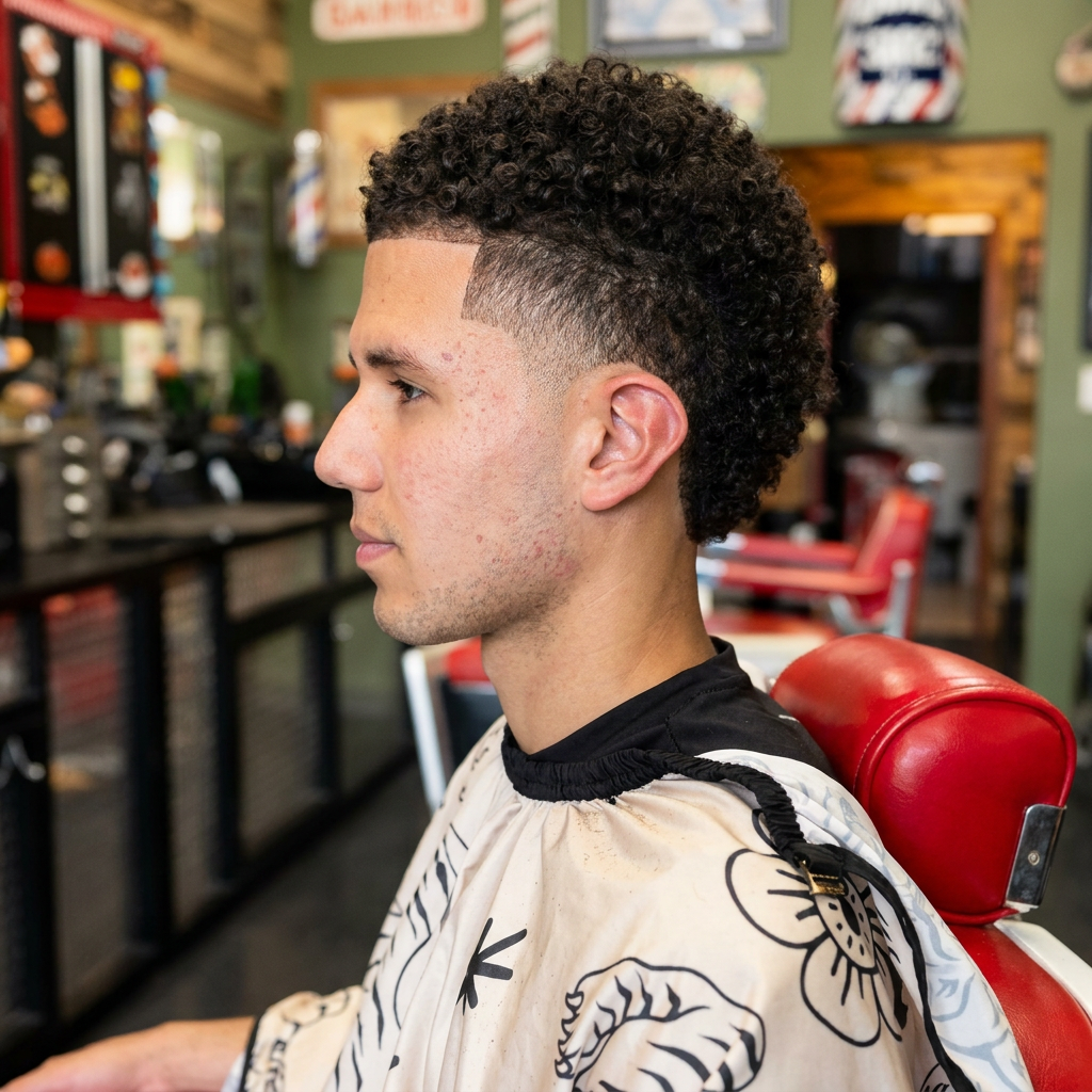 Curly top with a crisp burst fade and shaped hairline