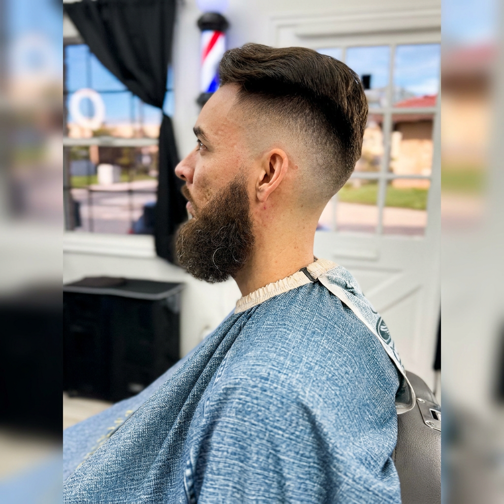 Pompadour with high skin fade and full beard